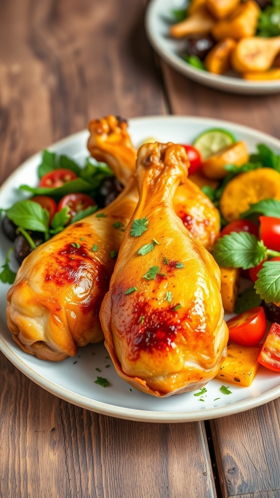 Oven-baked chicken drumsticks on a plate with herbs, served with salad and roasted vegetables.